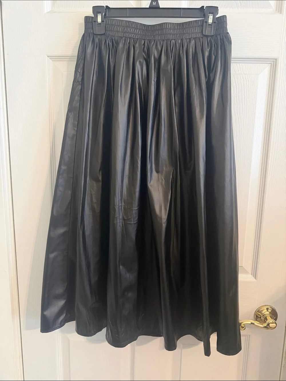 NWT Elle Grey Black Gathered Faux-Leather Midi Lined Skirt Sz Medium